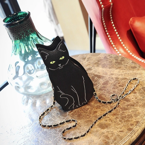 Borsa A Tracolla A Forma Di Gatto Nero Novità Pelle PU Catena Dorata Ricamo Design Animale Moda Borsa A Spalla Da Donna