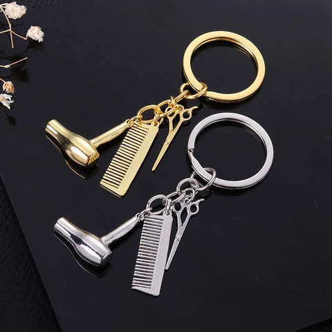 Hairdresser Keychain Zinc Alloy Mini Blow Dryer Comb And Scissors Pendants Stylist Gift Polished Metal Accessory