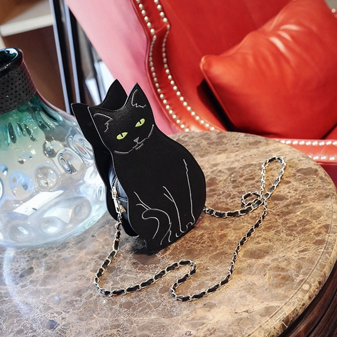 Novelty Cat Shaped Shoulder Bag PU Leather Cartoon Animal Crossbody Purse With Chain Strap For Women