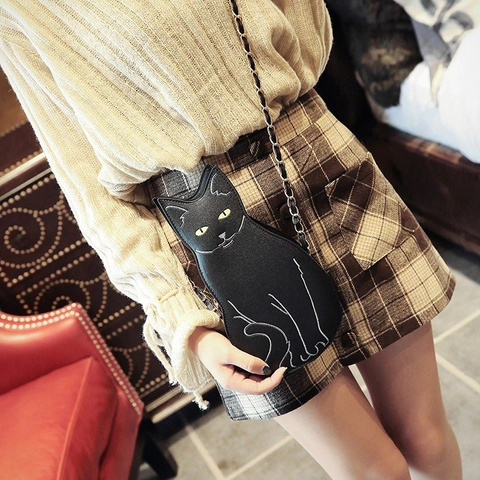 Novelty Cat Shaped Shoulder Bag PU Leather Cartoon Animal Crossbody Purse With Chain Strap For Women