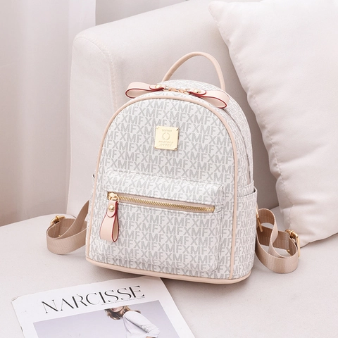Women Fashion Backpack PU Leather Monogram Print Large Capacity Bow Decor Elegant Travel Daily Bag