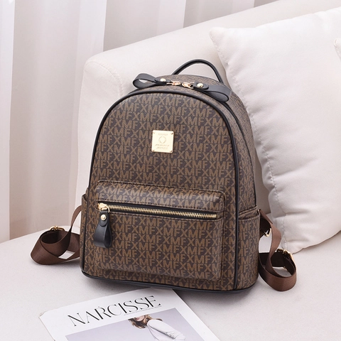 Women Fashion Backpack PU Leather Monogram Print Large Capacity Bow Decor Elegant Travel Daily Bag