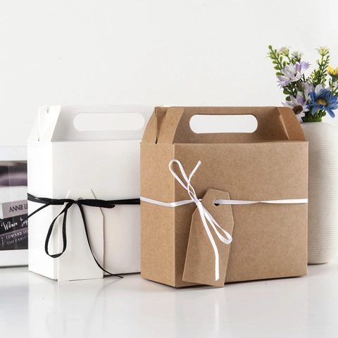 Kraft Paper Gift Boxes With Handle Ribbon And Blank Tag Rectangular Packaging For Wedding Party Favors Minimalist