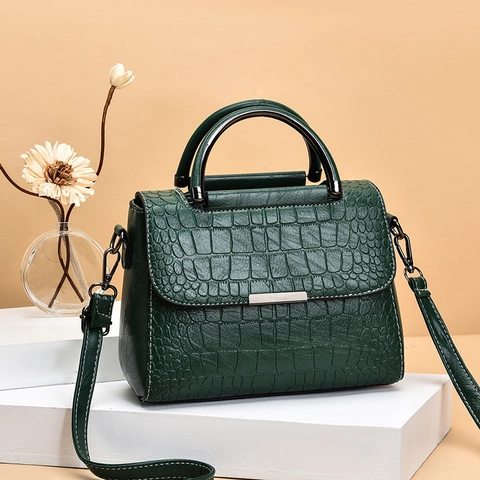 Women Shoulder Bag Crocodile Embossed PU Leather Small Square Crossbody Handbag With Round Metal Handle Trendy Versatile