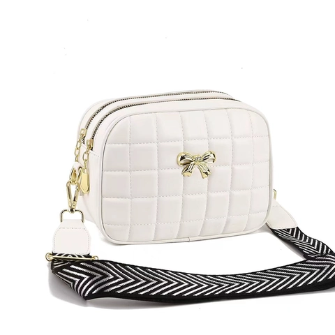 Borsa a Tracolla Trapuntata da Donna in Pelle PU Borsa a Spalla Con Decorazione a Fiocco Doppia Cerniera Tracolla Larga Borsa Moda