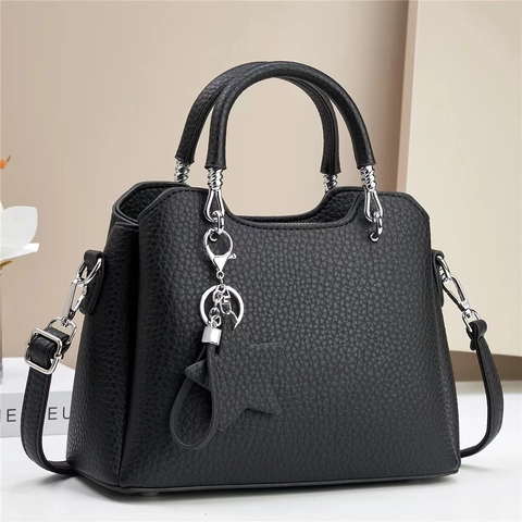 Women Handbag PU Leather Lychee Pattern Crossbody Shoulder Bag With Star Charm Elegant Casual Zipper Tote