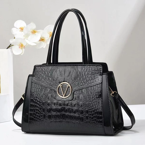 Women Crocodile Pattern PU Leather Handbag Elegant Top Handle Bag With Detachable Strap Metal V Buckle Trendy Shoulder Bag