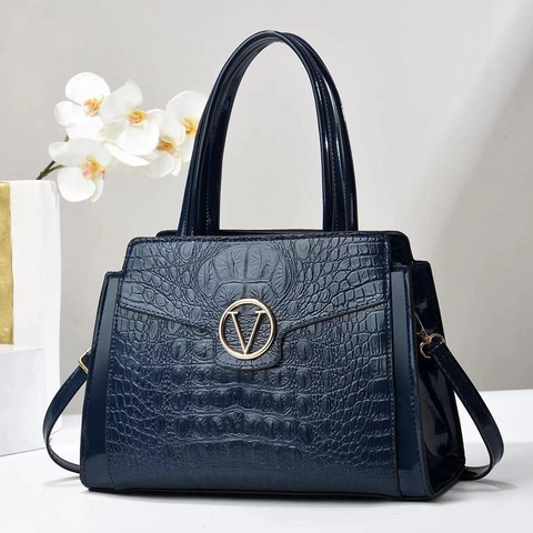 Women Crocodile Pattern PU Leather Handbag Elegant Top Handle Bag With Detachable Strap Metal V Buckle Trendy Shoulder Bag