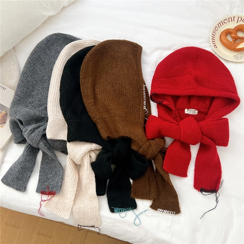 Knit Balaclava Hood And Scarf Combination Contrast Hand Stitching Warm Winter Crochet Bonnet For Women Outerwear