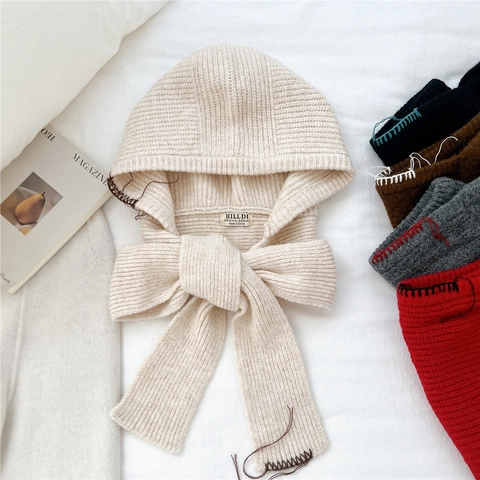 Knit Balaclava Hood And Scarf Combination Contrast Hand Stitching Warm Winter Crochet Bonnet For Women Outerwear
