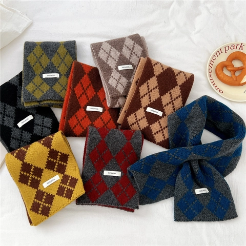 Pure Wool Scarf Winter Warm Argyle Pattern Double Layer Knit Short Style Cross Loop Neck Warmer For Women Men