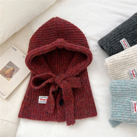 Cagoule Tricotée Écharpe À Capuche Hiver Chaud Laine Chapeau Intégré Avec Bouton Cordon Style Coréen Unisexe