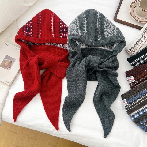 Passamontagna In Maglia Cappello Sciarpa Integrato Inverno Caldo Protezione Collo Orecchie Geometrico Nordico Per Donna Uomo