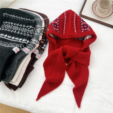 Passamontagna In Maglia Cappello Sciarpa Integrato Inverno Caldo Protezione Collo Orecchie Geometrico Nordico Per Donna Uomo