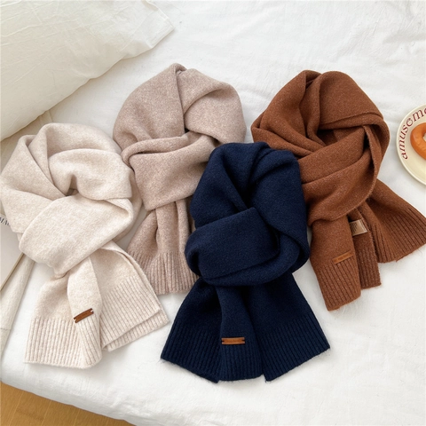Knitted Scarf Solid Color Winter Warm Soft Thick Neck Wrap With Leather Label Korean Style For Women