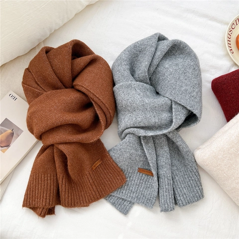 Knitted Scarf Solid Color Winter Warm Soft Thick Neck Wrap With Leather Label Korean Style For Women