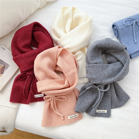 Solid Color Knitted Scarf Soft Warm Ribbed Neck Warmer With Bow Tie Polyester Nylon Acrylic Viscose Wool Chic Winter