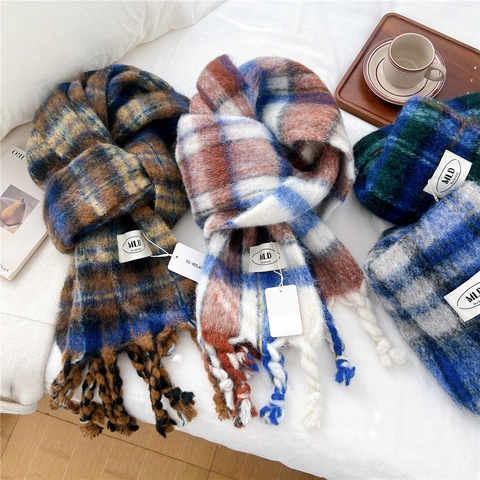Sciarpa Invernale A Quadri Spessa Calda Morbida Imitazione Cashmere Scialle In Maglia Con Frange Lunghe Per Donna