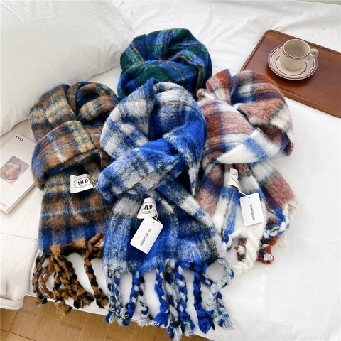 Sciarpa Invernale A Quadri Spessa Calda Morbida Imitazione Cashmere Scialle In Maglia Con Frange Lunghe Per Donna