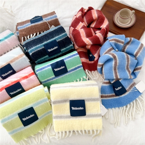 Striped Wool Blend Scarf Thick Warm Tassel Winter Shawl Soft Knitted Long Neck Warmer For Women