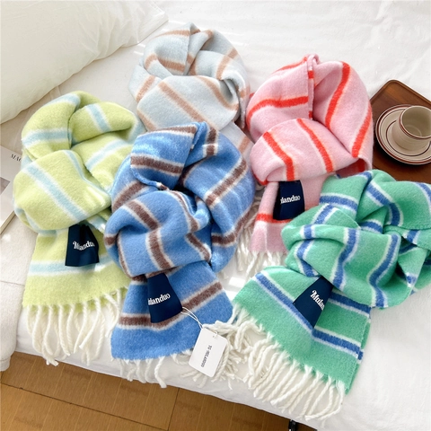 Striped Wool Blend Scarf Thick Warm Tassel Winter Shawl Soft Knitted Long Neck Warmer For Women