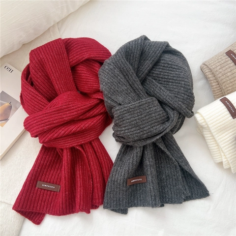 Sciarpa In Maglia Righe Verticali A Costine Ispessite Caldo Colore Solido Inverno Versatile Scaldacollo Con Etichetta In Pelle Per Donna