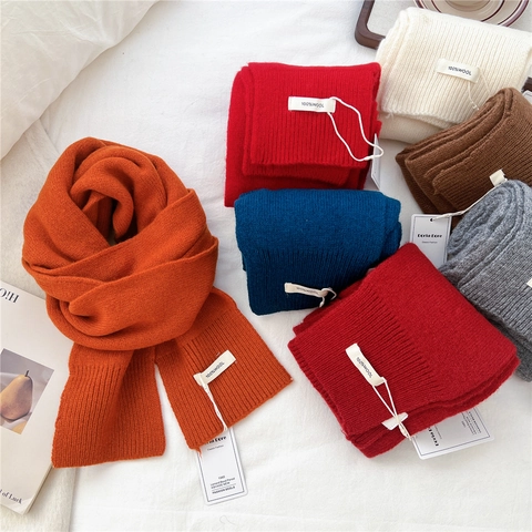 Bufanda De Punto Pura Lana Color Sólido Estrecha Larga Calentador De Cuello Minimalista Chic Invierno Para Mujer