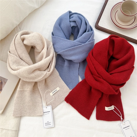 Bufanda De Punto Pura Lana Color Sólido Estrecha Larga Calentador De Cuello Minimalista Chic Invierno Para Mujer