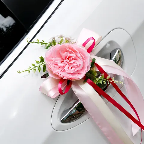Artificial Rose Flower Wedding Car Decoration Ribbons For Rearview Mirror Door Handle Romantic Elegant Marriage Party Decor