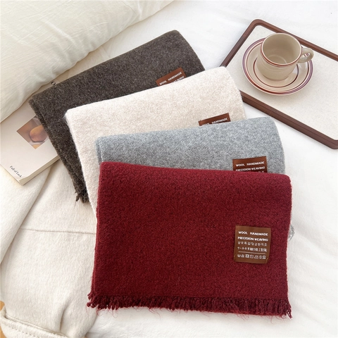 Knitted Long Scarf Wool Blend Thick Warm Winter Tassel Handmade Leather Tag Soft Chic Wrap For Women