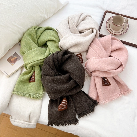 Knitted Long Scarf Wool Blend Thick Warm Winter Tassel Handmade Leather Tag Soft Chic Wrap For Women