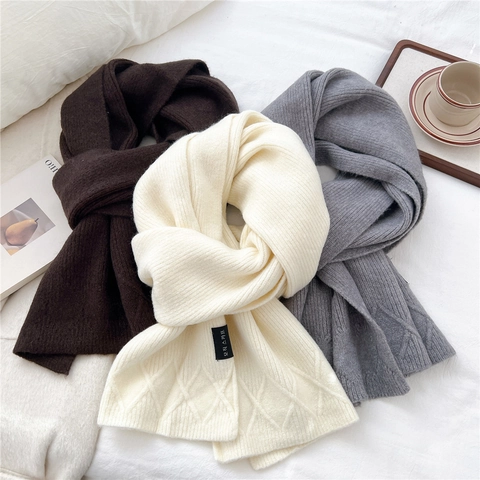 Sciarpa In Maglia Donna Misto Lana Motivo A Rombi Lunga Calda Inverno Spessa Morbida Tinta Unita Versatile Elegante