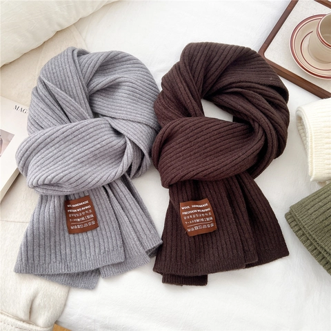 Long Knit Wool Scarf Winter Warm Vertical Ribbed Design With Decorative Label Casual Style