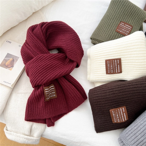 Long Knit Wool Scarf Winter Warm Vertical Ribbed Design With Decorative Label Casual Style