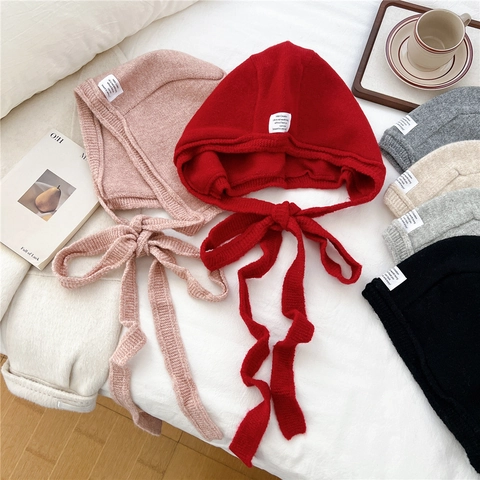 Women Winter Knit Balaclava Hat Hooded Ear Protection With Long Tie Straps Warm Soft Woolen Crochet Bonnet
