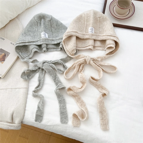 Women Winter Knit Balaclava Hat Hooded Ear Protection With Long Tie Straps Warm Soft Woolen Crochet Bonnet