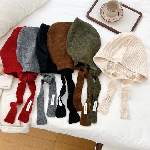 Women Winter Knitted Hooded Bonnet Hat With Straps Ear Protection Solid Color Warm Integrated Scarf French Style Minimalist
