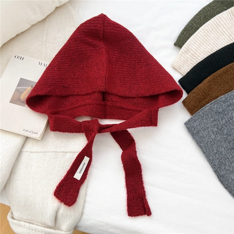 Women Winter Knitted Hooded Bonnet Hat With Straps Ear Protection Solid Color Warm Integrated Scarf French Style Minimalist