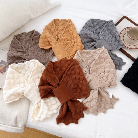 Écharpe En Tricot Style Japonais Cache-Cou D'hiver Fente Croisée Motif Écailles De Poisson Couleur Unie Chaud Chic