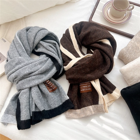Knitted Winter Scarf Wool Blend Warm Contrast Color Border Chic Elegant For Women Soft Neck Warmer Handmade Label