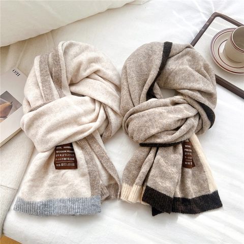 Knitted Winter Scarf Wool Blend Warm Contrast Color Border Chic Elegant For Women Soft Neck Warmer Handmade Label