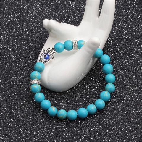 Hamsa Hand Evil Eye Beaded Bracelet Natural Stone Fatima Hand Elastic Jewelry For Men Women Ethnic Vintage Style