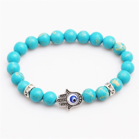 Hamsa Hand Evil Eye Beaded Bracelet Natural Stone Fatima Hand Elastic Jewelry For Men Women Ethnic Vintage Style