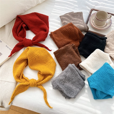 Gestricktes Dreieckstuch Pointelle Hollow Out Kopftuch Warmes Häkelkopftuch Einfarbiges Retro Französischer Stil Für Damen