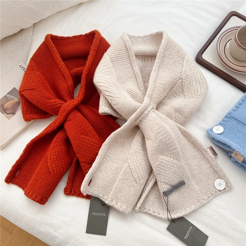 Wool Knitted Scarf Neck Warmer Solid Color Button Decor Crossed Winter Warm Soft Accessory For Women