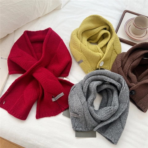 Wool Knitted Scarf Neck Warmer Solid Color Button Decor Crossed Winter Warm Soft Accessory For Women