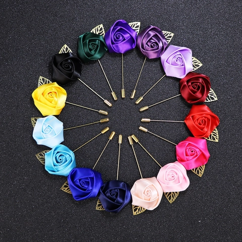 Rose Blume Brosche Lange Nadel Reversnadel Satin Stoff Legierung Blatt Elegante Anzug Accessoires Für Herren Damen