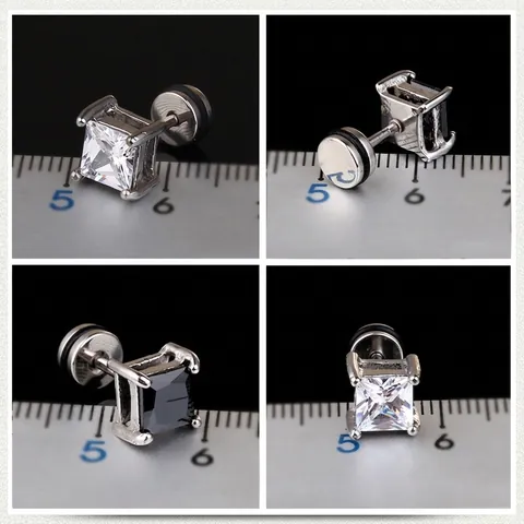 Orecchini A Lobo Zirconia Quadrati Acciaio Inossidabile Ipoallergenico Chiusura A Vite Retro Nero Bianco Unisex Gioielli