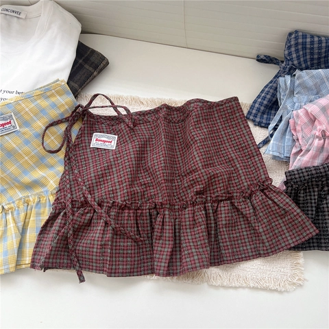 Plaid Wrap Skirt Cotton Ruffle Hem Check Mini Skirts Casual Side Tie For Women