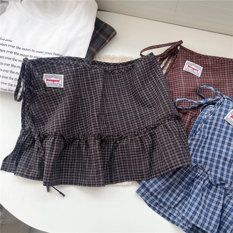 Plaid Wrap Skirt Cotton Ruffle Hem Check Mini Skirts Casual Side Tie For Women